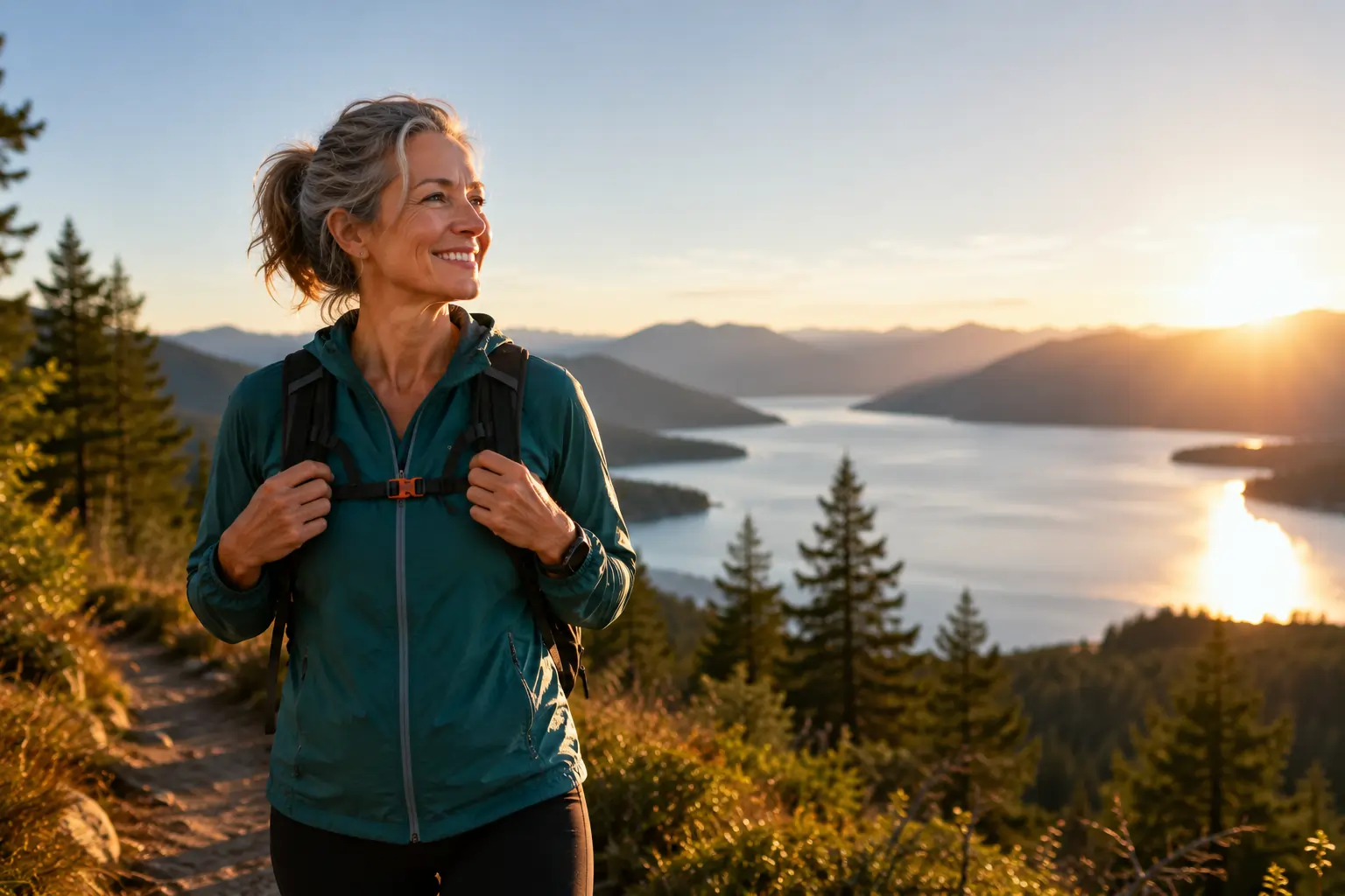 Hiker enjoying sunset by the lake